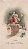 Santa works his way down the chimney in this vintage Christmas postcard.